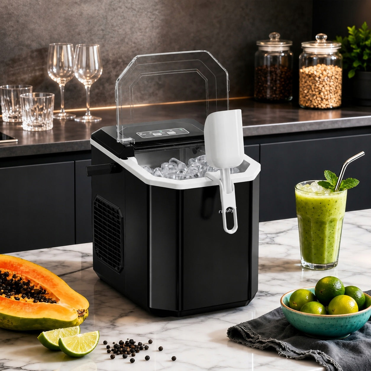 Ice Maker Small Homemade Ice Cube Machine 12kg24h Quiet + Spatula Manufacturer code Kostkarka do lodu 1,2l czarna Ruhhy