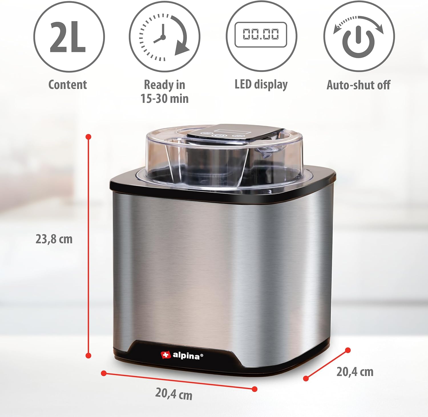 Ice maker Alpina 2L yogurt sorbets touch panel digital removable bowl Dominant color silver/gray