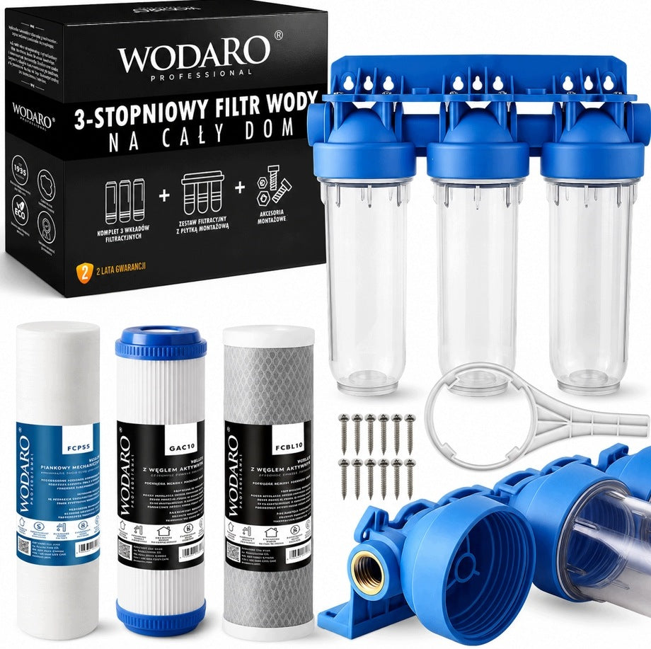 In-line Water Filter 1" WODARO 3 Degree Triple For Whole House + Cartridges