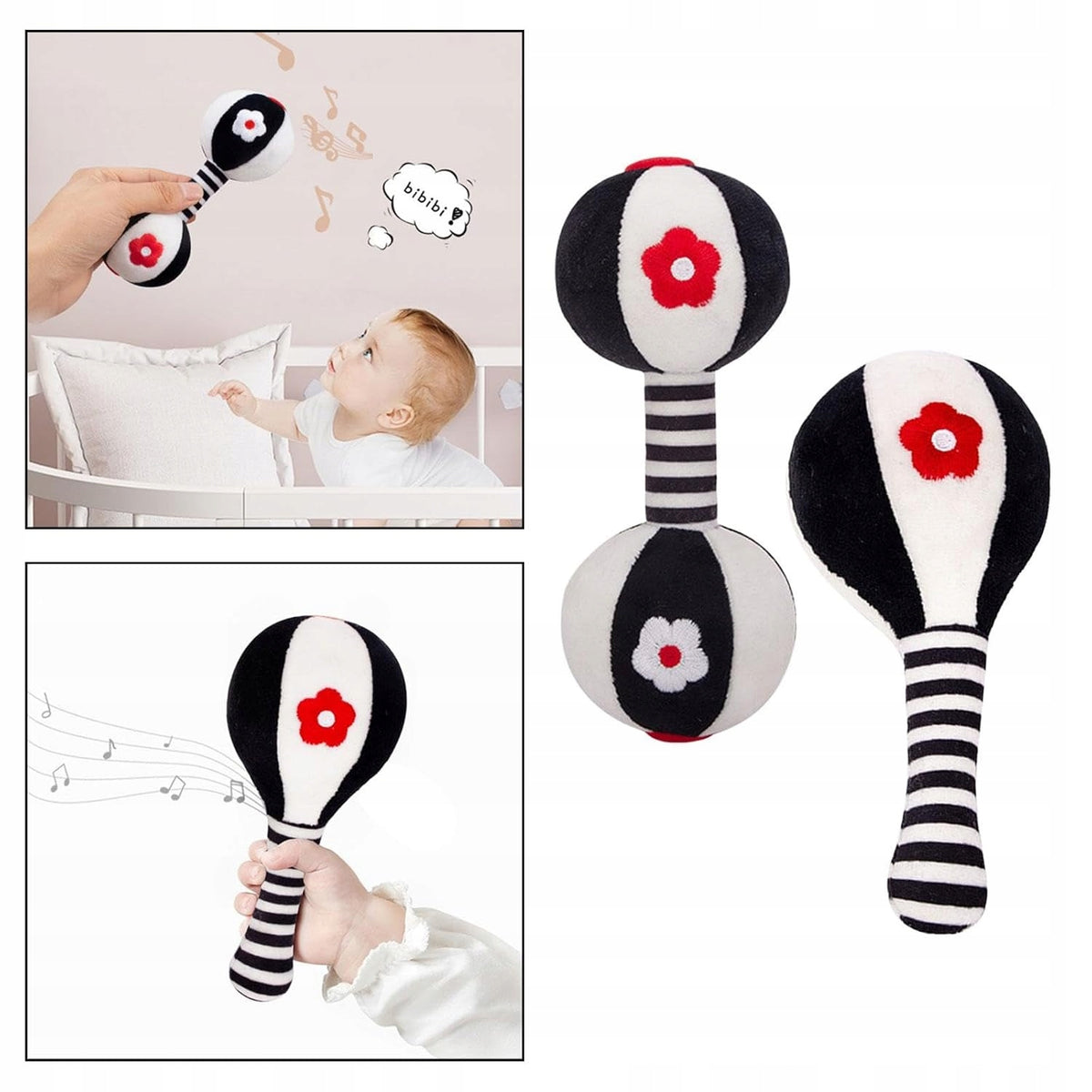 Infant Contrast Rattles 2 Pcs Black and White with Sound