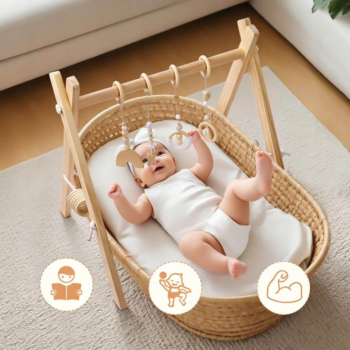 Infant Gym Children Educational Wooden With 4 Pendants Packaging status original