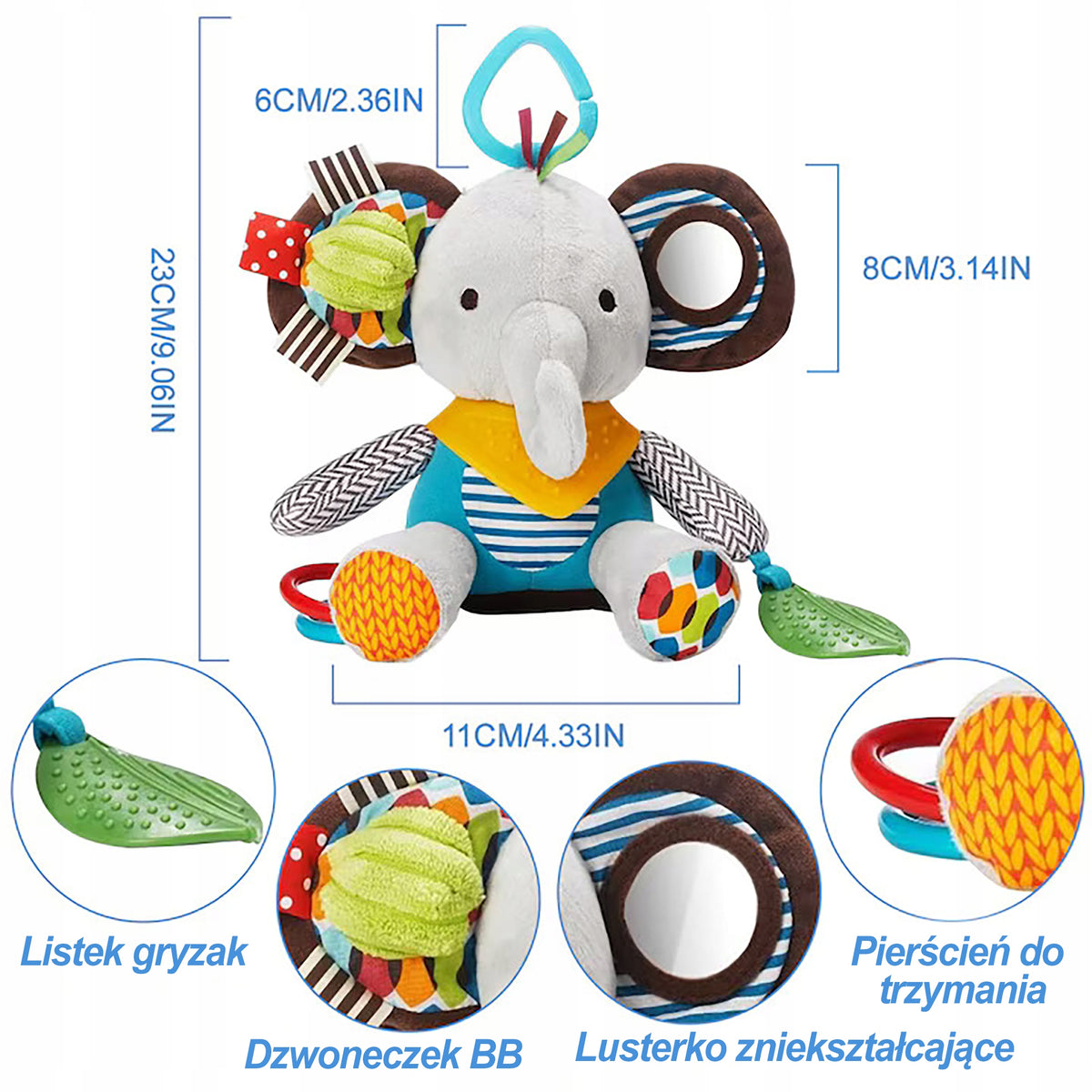 Infant Sensory Toy Sensory Elephant with Mirror Teether Manufacturer code Edukacyjna Kolorowa