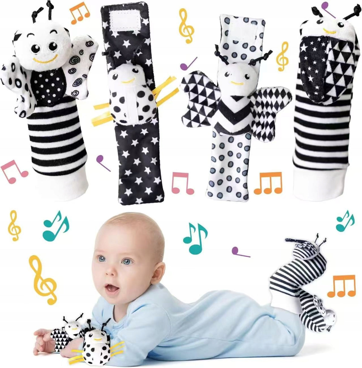 Infant Socks 3d Handbands Rattles 4 Pcs