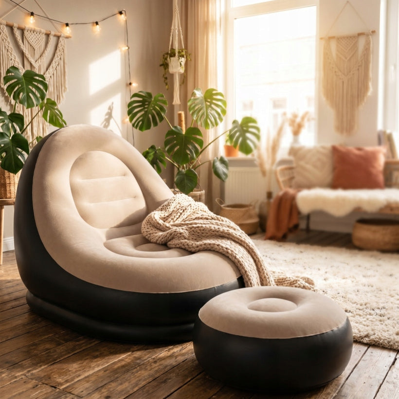 Inflatable Armchair with Footrest Velvet Relax Color Beige Velour Comfort Manufacturer code Dmuchany Fotel