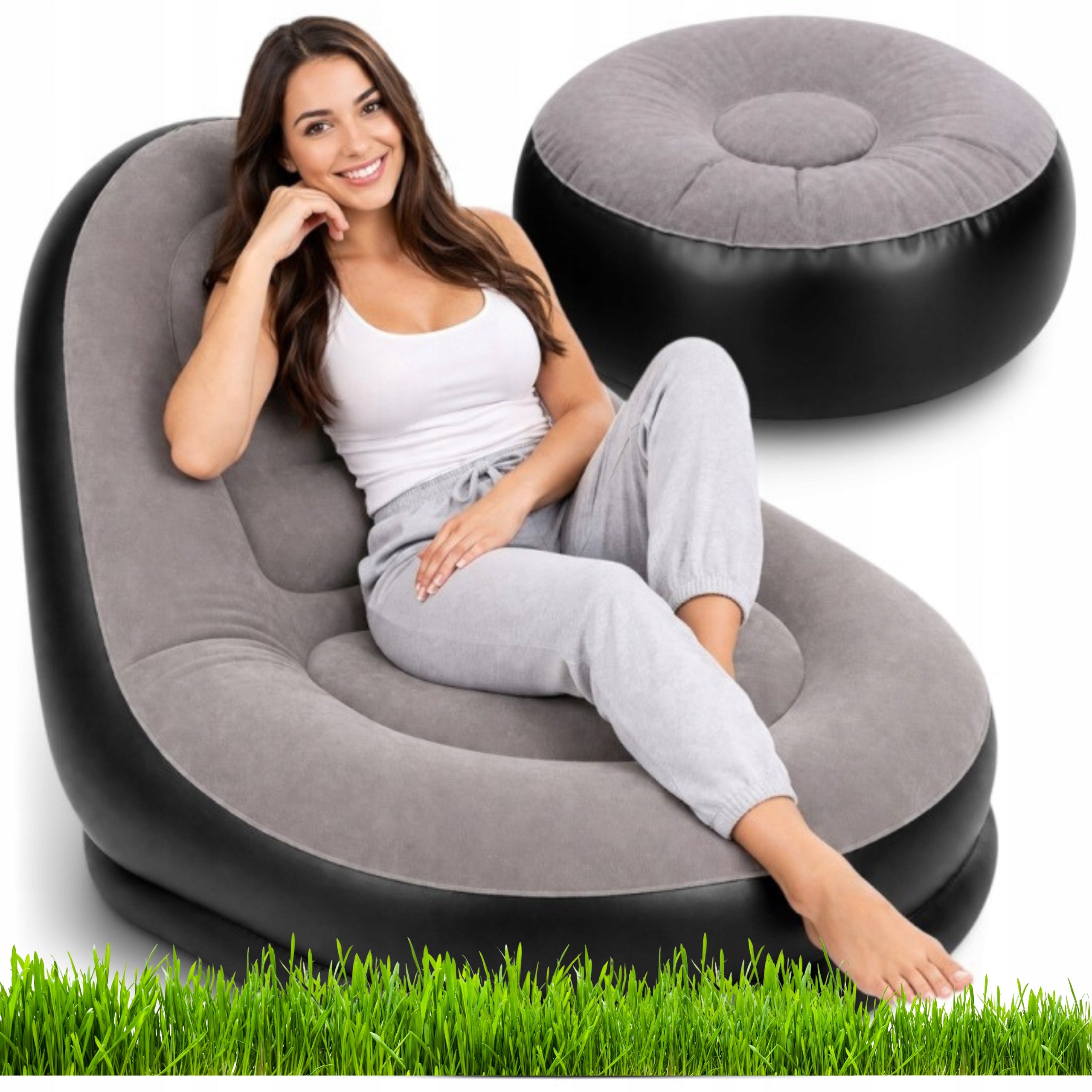 Inflatable Mattress Chair with Footrest Beach Lounger Garden Pump