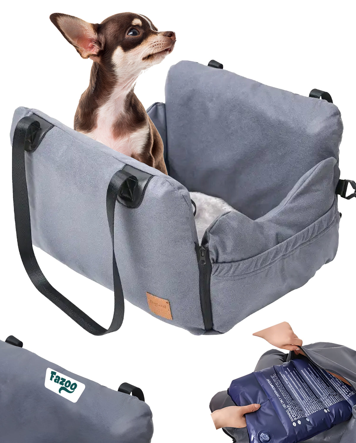 Inflatable Seat 3in1 Transporter for Dog Travel to Car Lanyard Bed Packaging status original