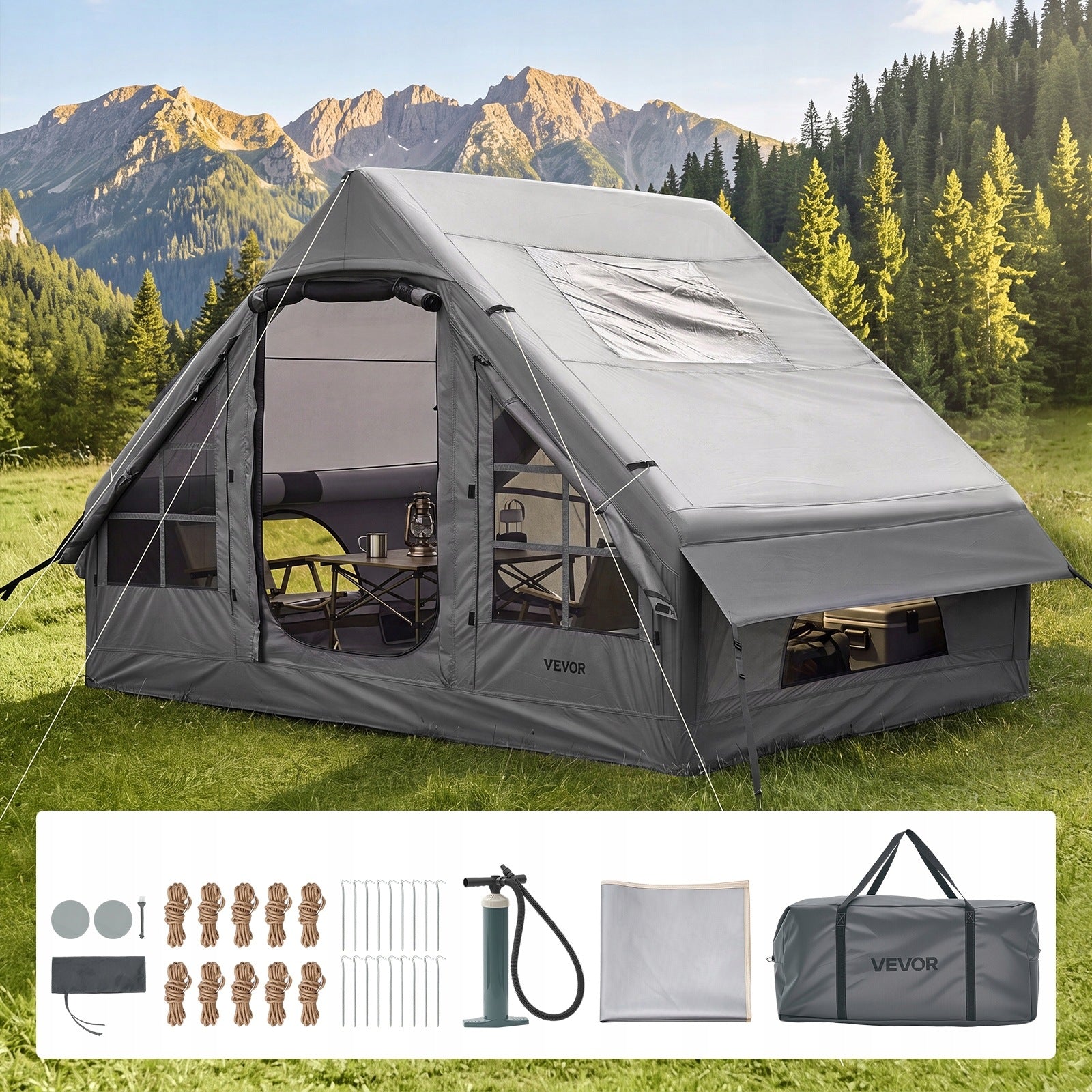 Inflatable Tent 2-4 Person Camping Tent With Carrying Bag Grey Brand Vevor