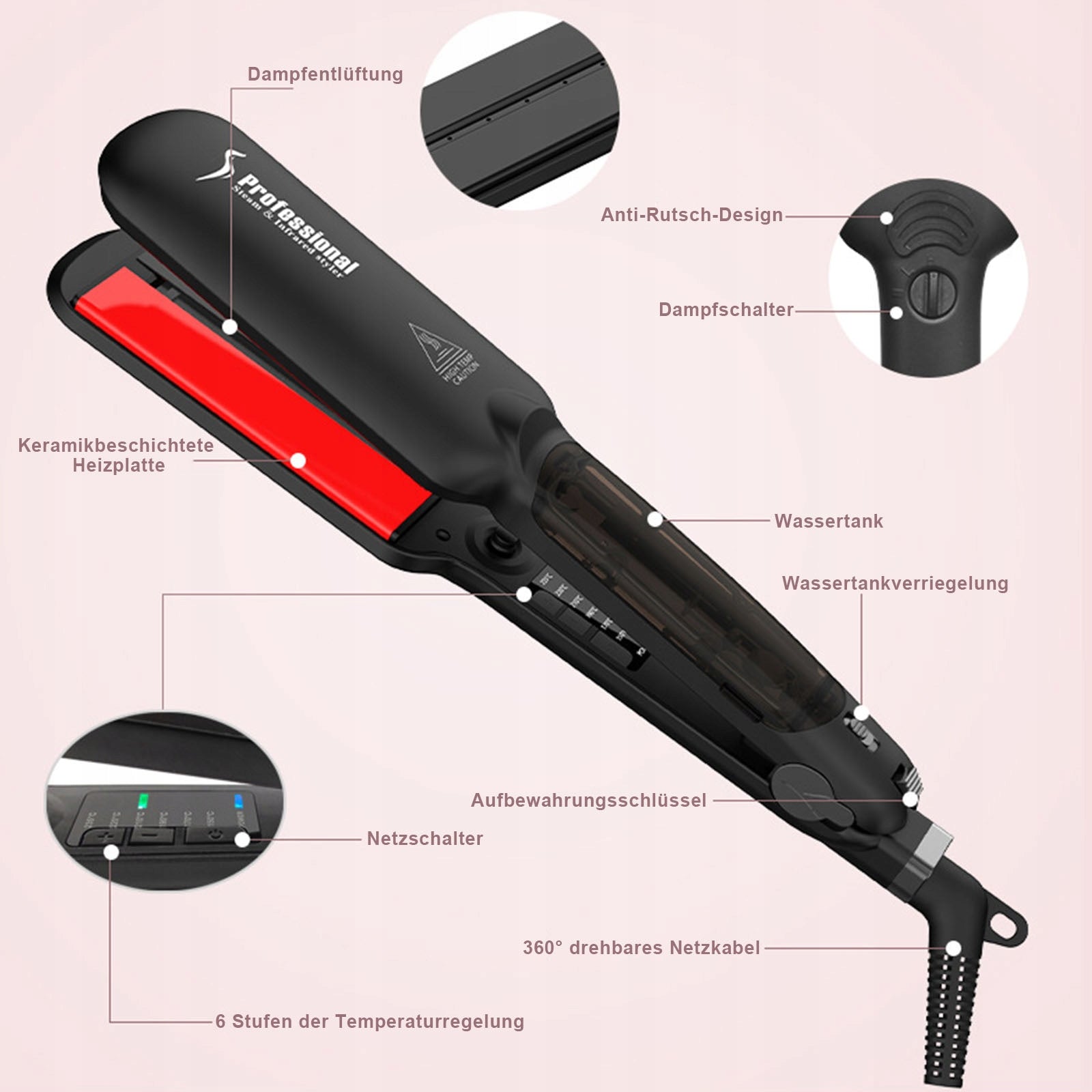 Infrared Efficient Steam Straightener 2 Inch Led Black Hair Protection Brand no brand