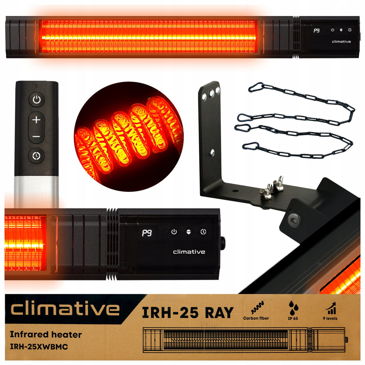 Infrared heater 9 levels remote control 2,5kW timer RAY IR terrace