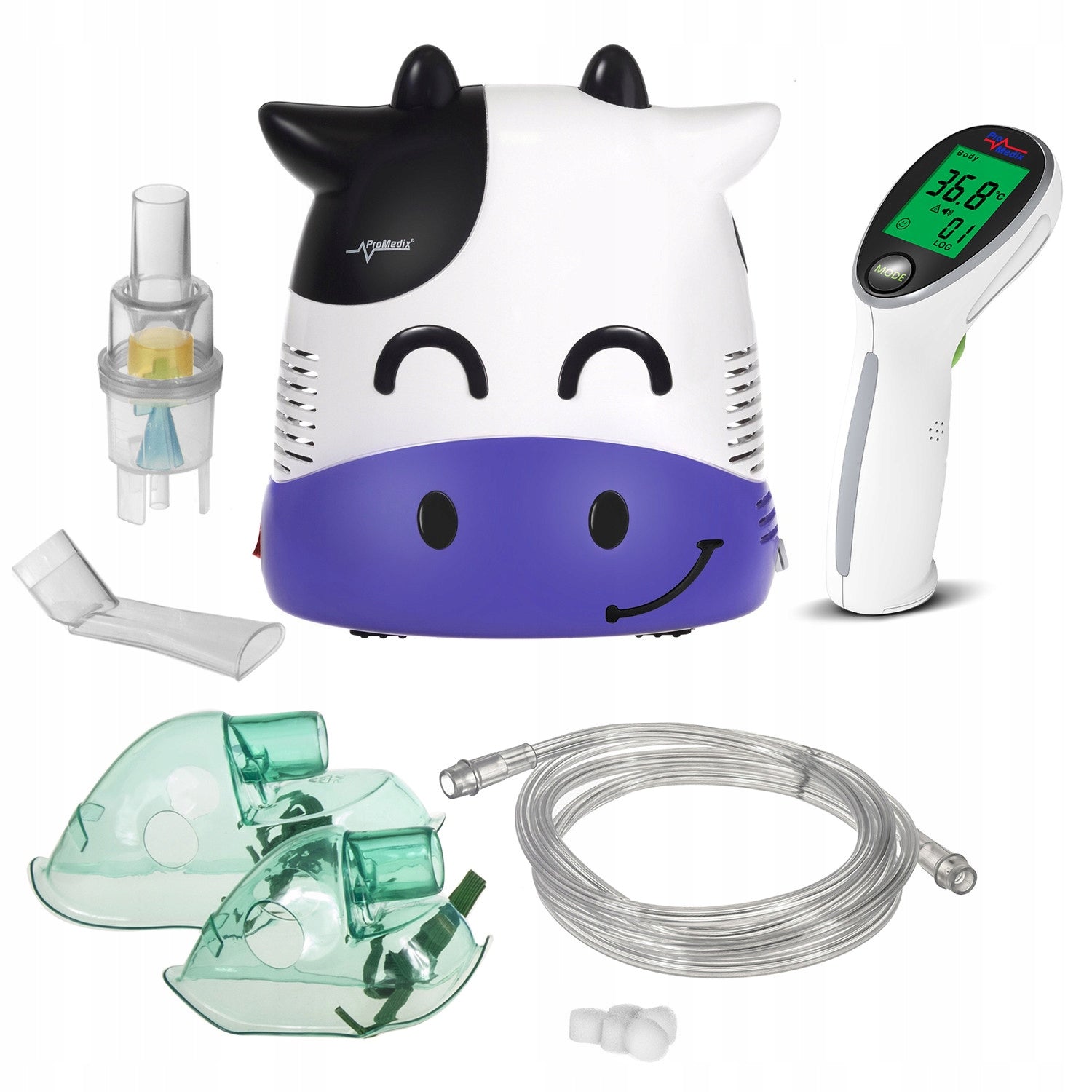 Inhaler cow + set of accessories mask for children + non-contact thermometer