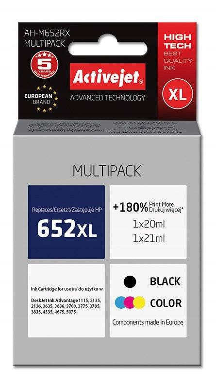 Inks ACTIVEJET AH-M652RX replacements HP 652 F6V25AE F6V24AE Black + Colour Packaging status original