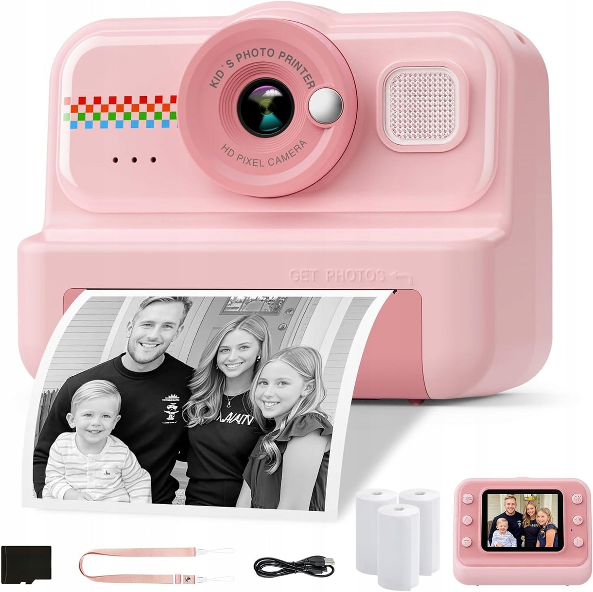 Instant Camera Mini Thermal Printer Lamp + Card 32GB 3 Rolls