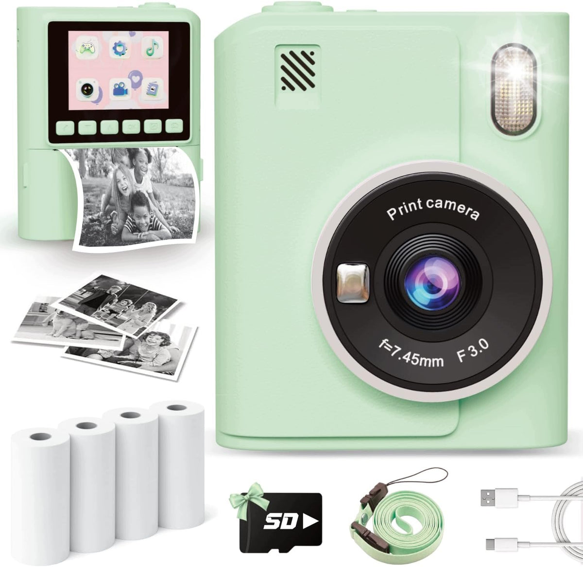 Instant Camera for Kids Printing 1080P MP3 Games SD Green
