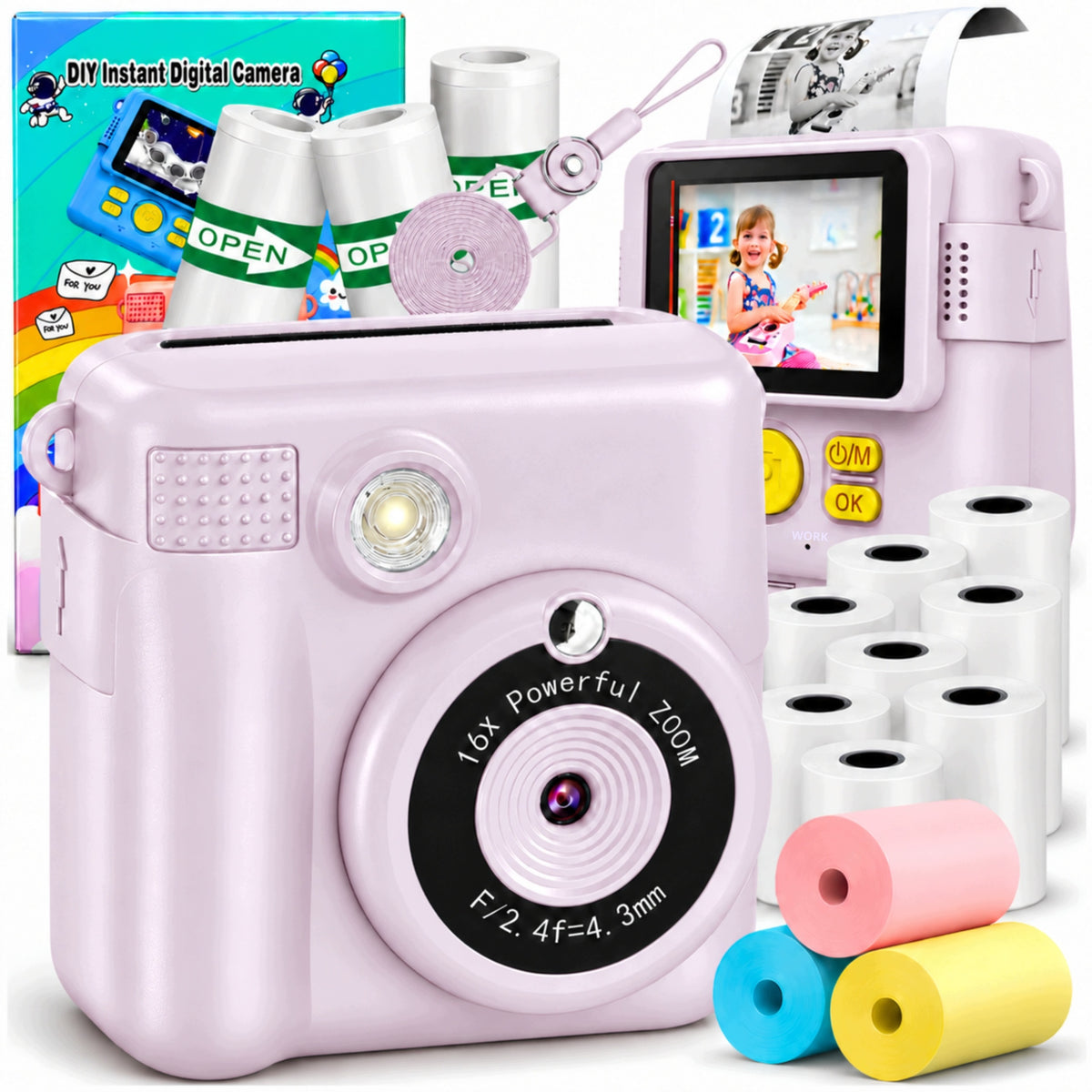 Instant Digital Camera for Kids Print Mini Printer + 14 Rolls