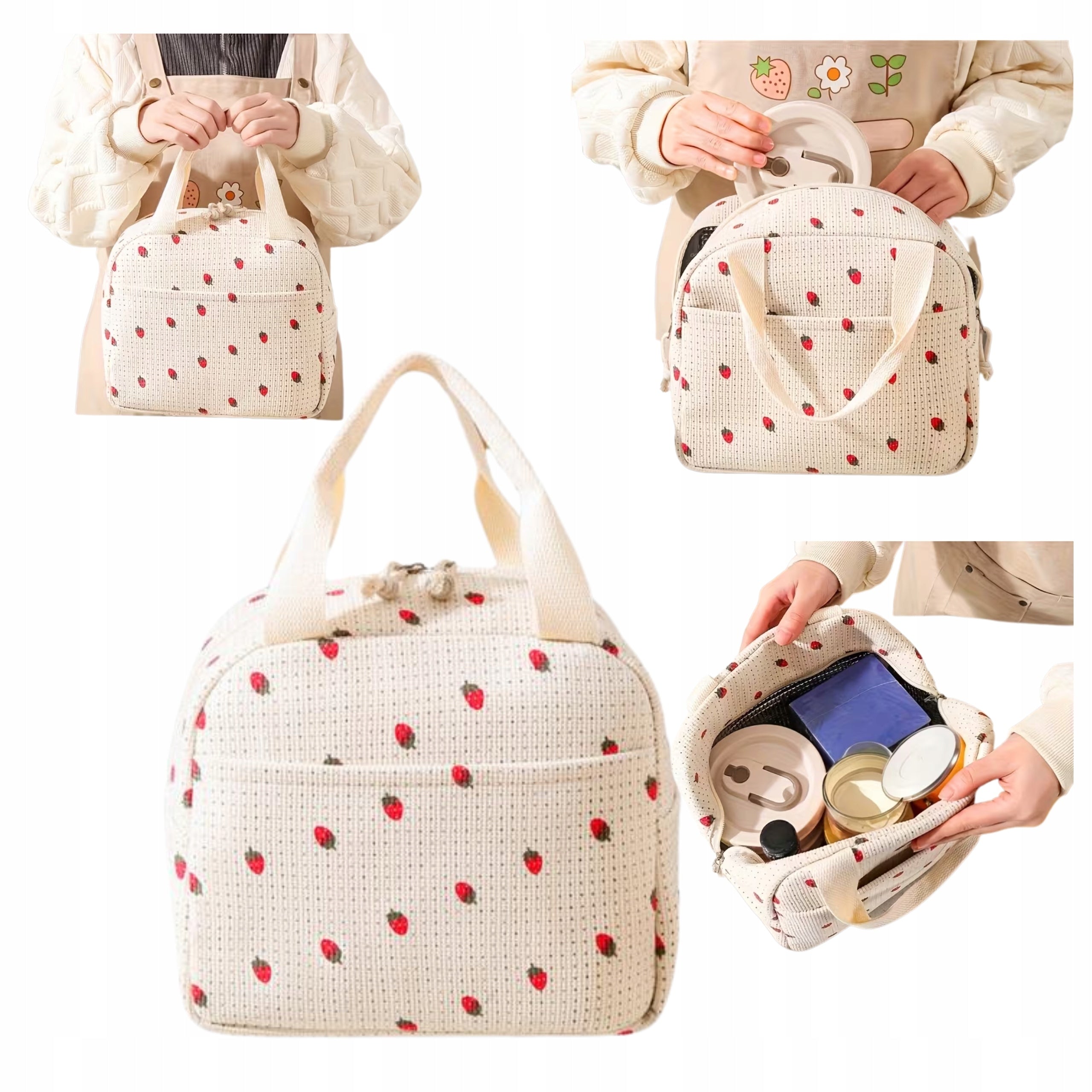 Insulated Lunch Bag Corduroy Strawberry Beige Large Capacity