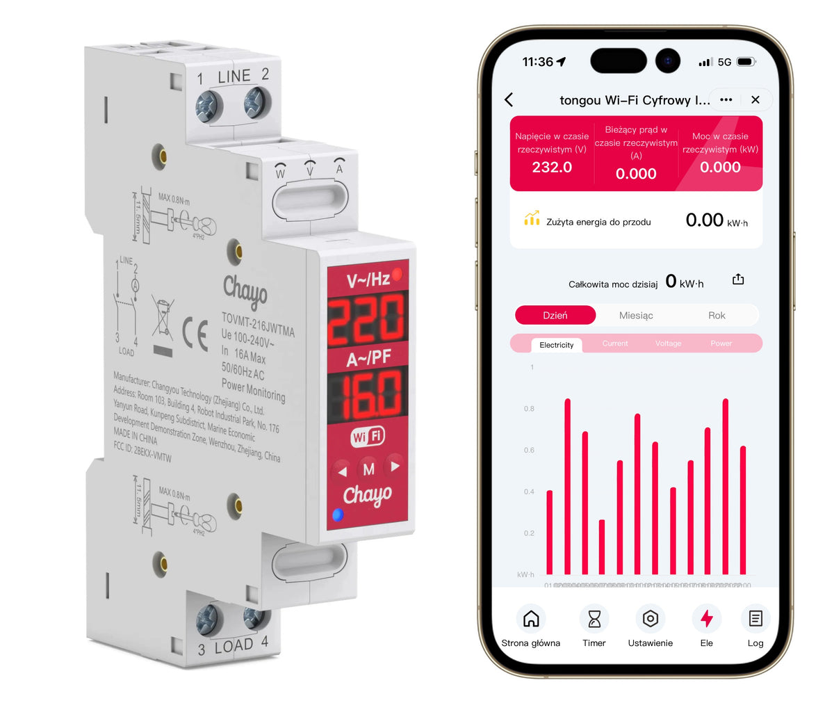 Intelligent bipolar WiFi relay TUYA 2P 16A with energy measurement