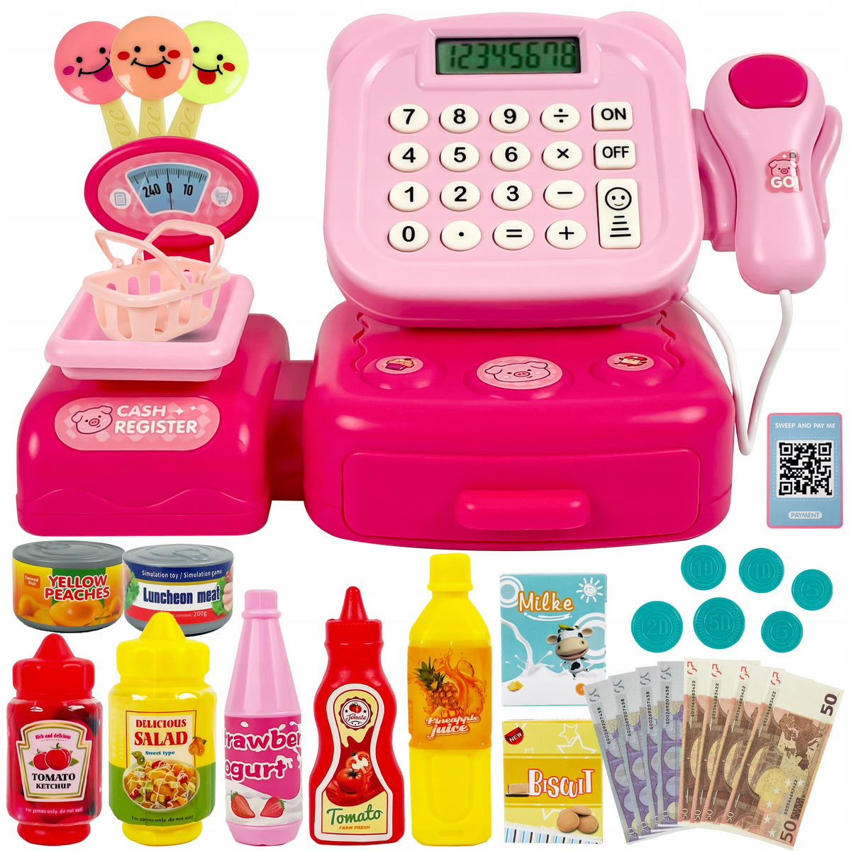 Interactive Cash Register for Children Shop Weight Scanner Basket Coins