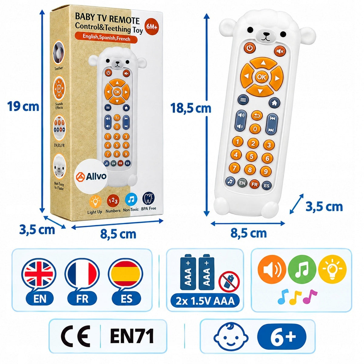 Interactive PILOT - Teether Sheep 2in1 for Baby Sounds Numbers EN FR ES Brand Allvo