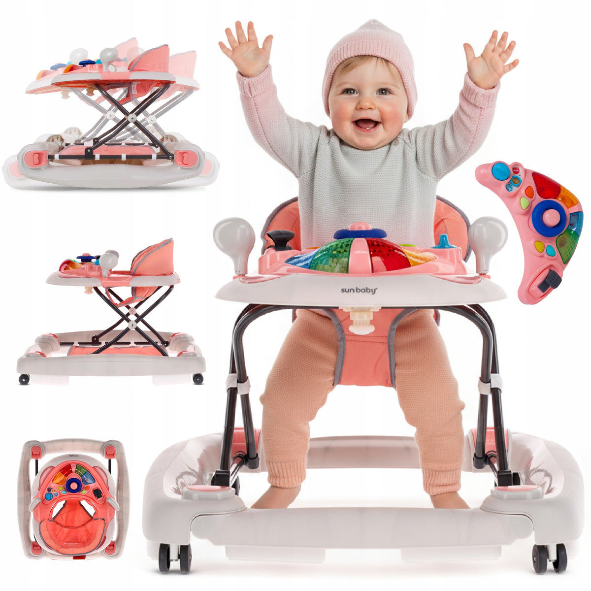 Interactive baby walker cradle with steering wheel pink gray