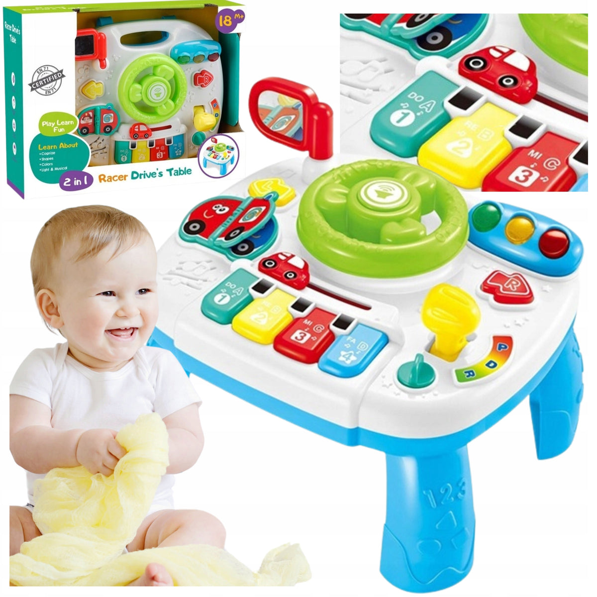 Interactive educational table steering wheel with ignition piano colors numbers