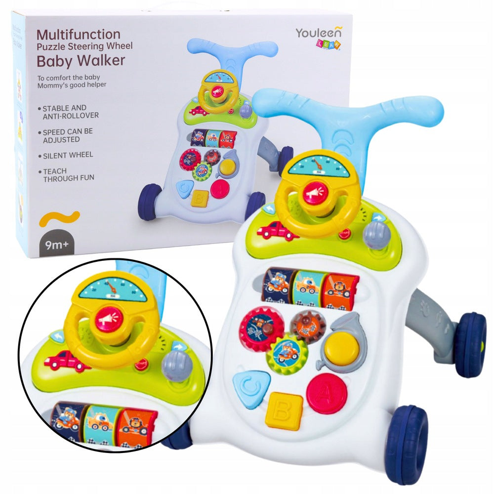 Interactive pusher walker with steering wheel lights and sounds for children