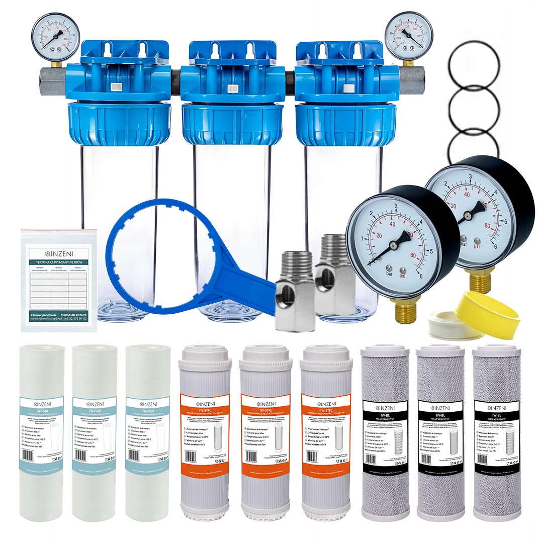 Iron and hard water filter 9 filters + PRESSURE GAUGES INZENI set for home