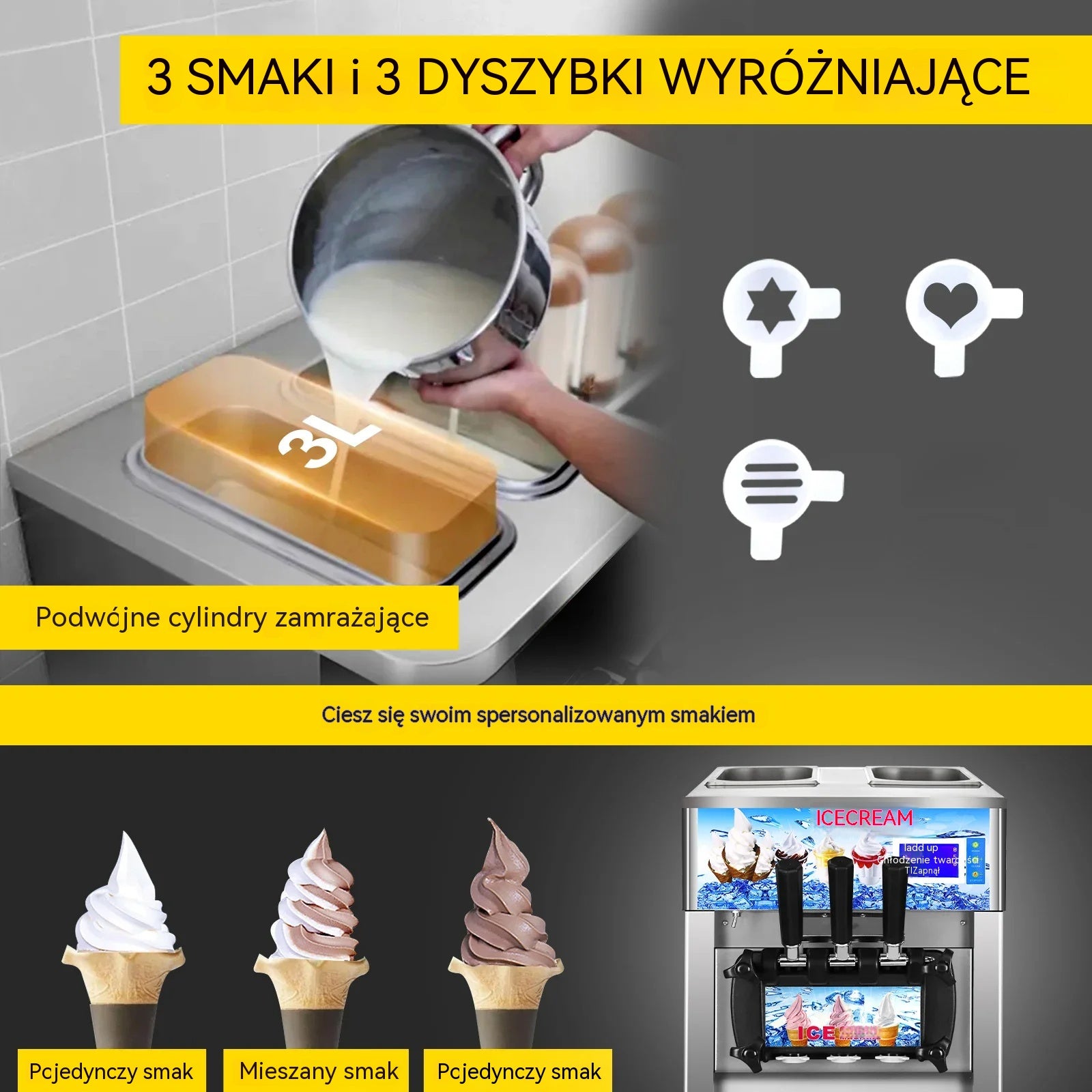 Italian Ice Cream Machine 18L/h 3 Flavors LCD 1200W Stainless Steel Brand no brand