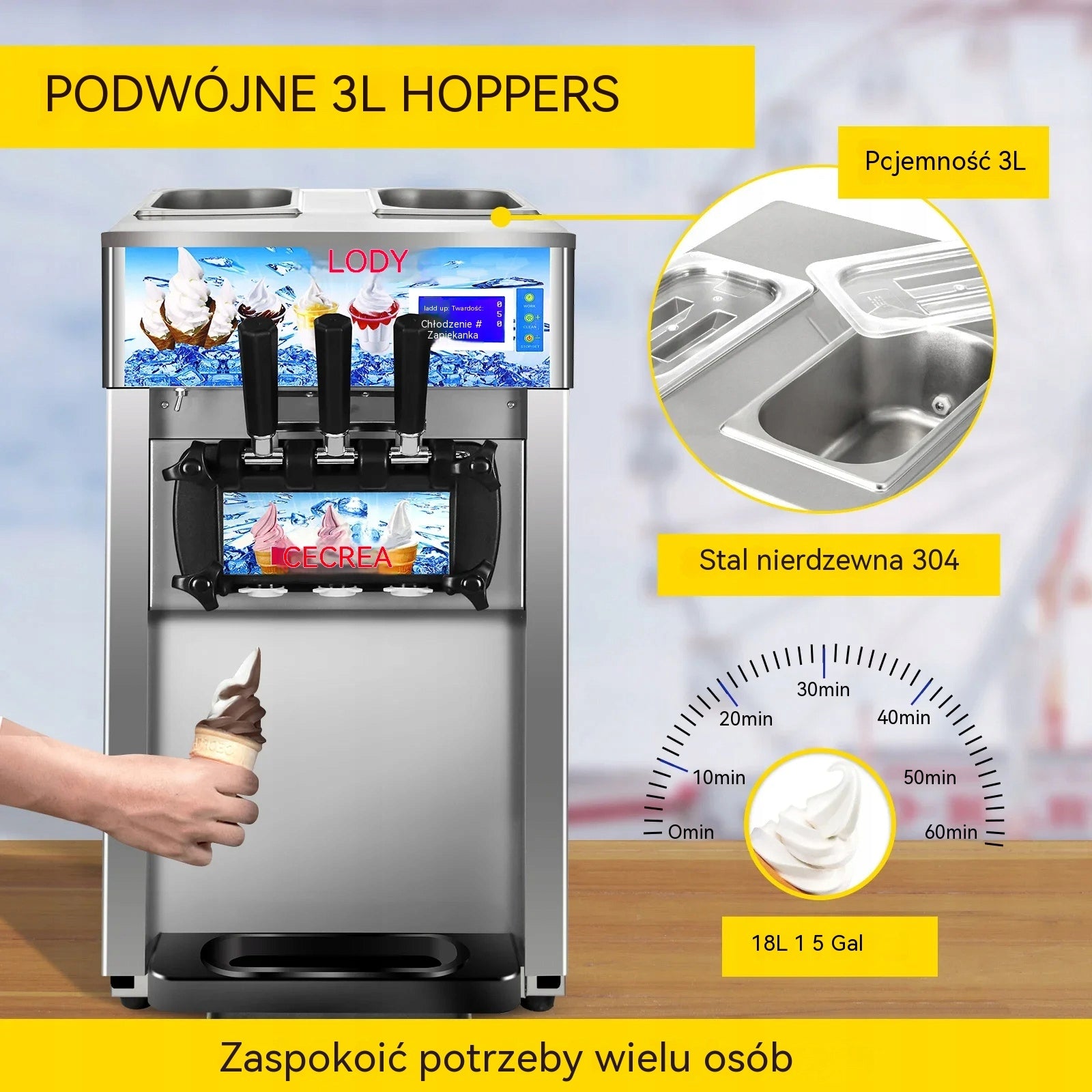 Italian Ice Cream Machine 18L/h 3 Flavors LCD 1200W Stainless Steel Packaging status original