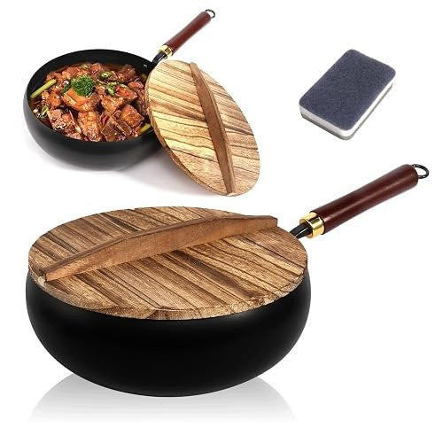 JAPANESE CAST IRON PAN 28 CM UNCOATED WITH WOODEN WOK LID
