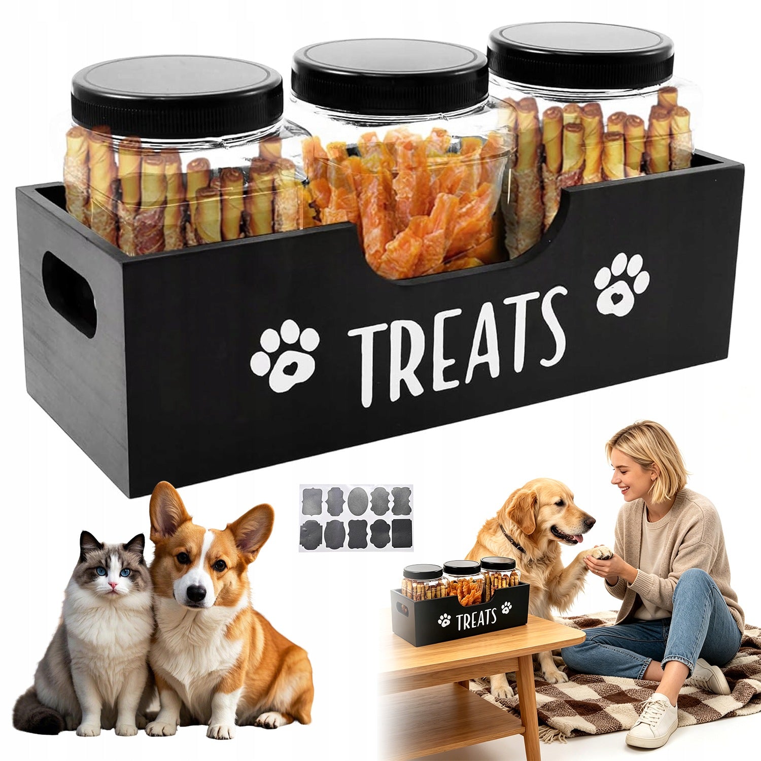 JAR DOG TREAT CONTAINER AIRTIGHT SET WITH WOODEN BOX Packaging status original