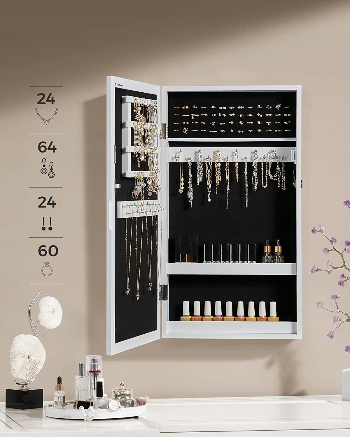 JEWELRY WALL CABINET WITH MIRROR hanging dressing table organizer stand Furniture color white