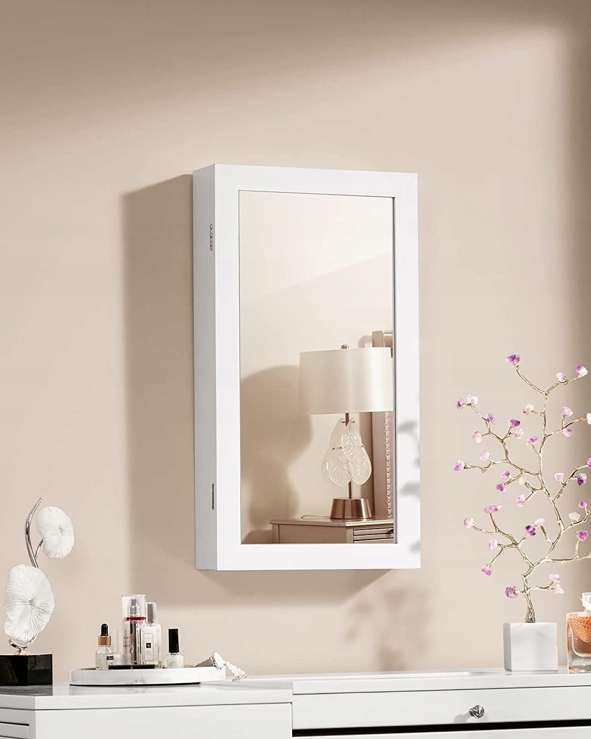 JEWELRY WALL CABINET WITH MIRROR hanging dressing table organizer stand Furniture height 67 cm