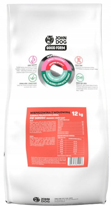 JOHN DOG medium and large breed dry dog food PORK BEEF 12 kg Brand John Dog