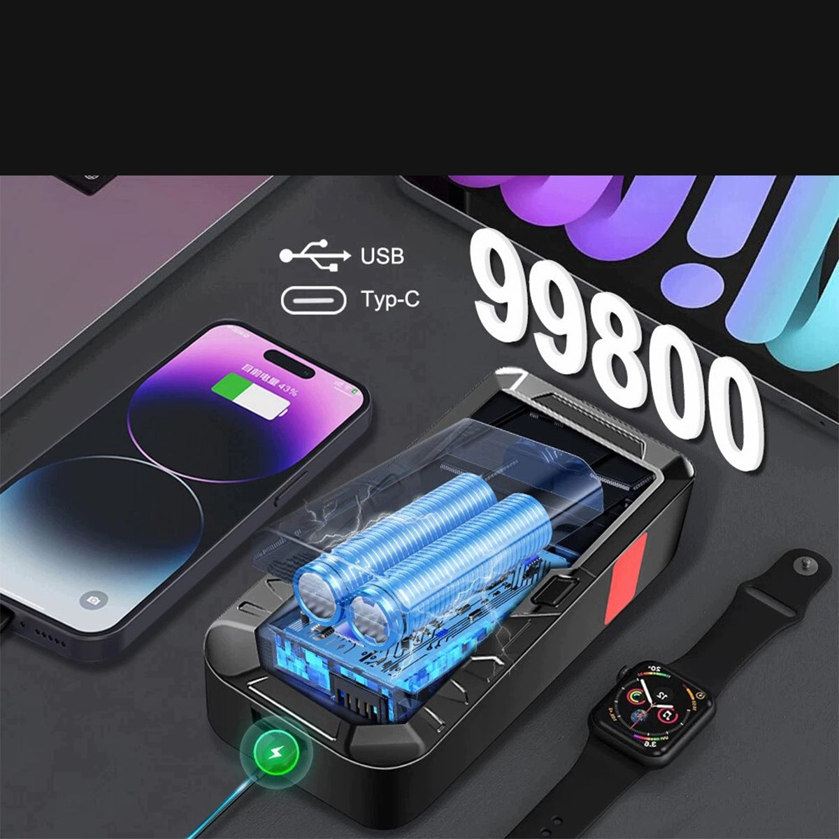 JUMP STARTER DEVICE BOOSTER COMPRESSOR 99800MAH Battery capacity 99800 mAh