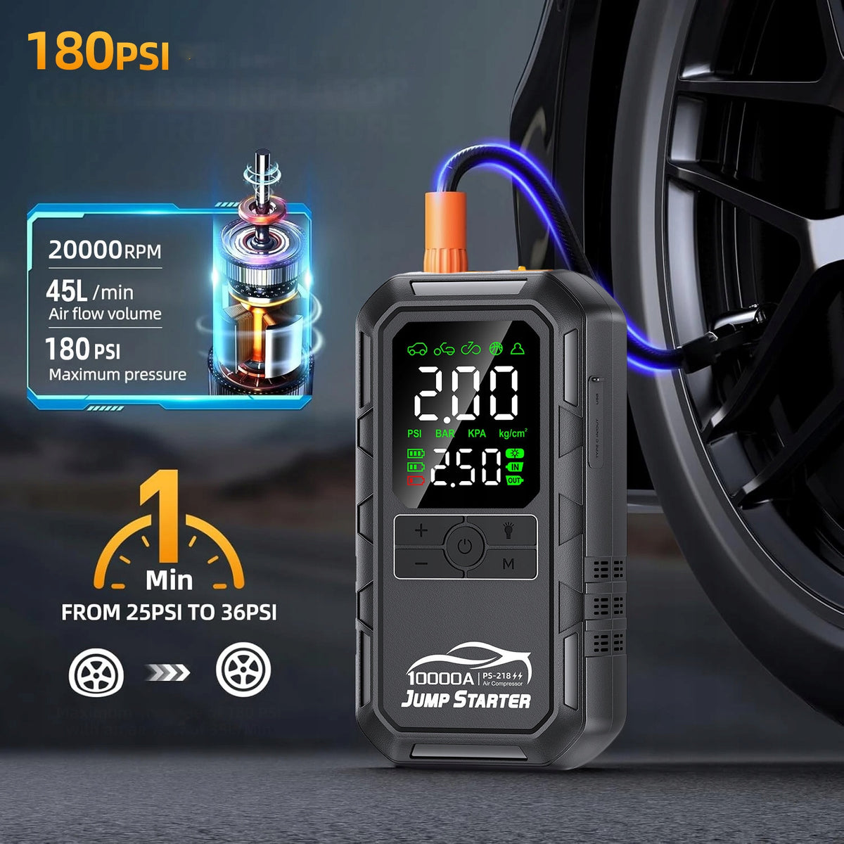 JUMP STARTER POWERBANK 12V 10000A STARTER DEVICE WITH COMPRESSOR 180PSL Manufacturer code PS-218