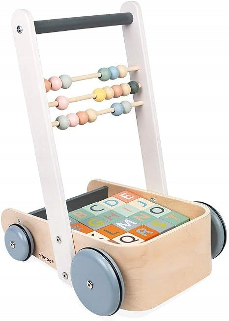 Janod Sweet Cocoon ABC Buggy Wooden Stroller for Learning to Walk 20 CUBES