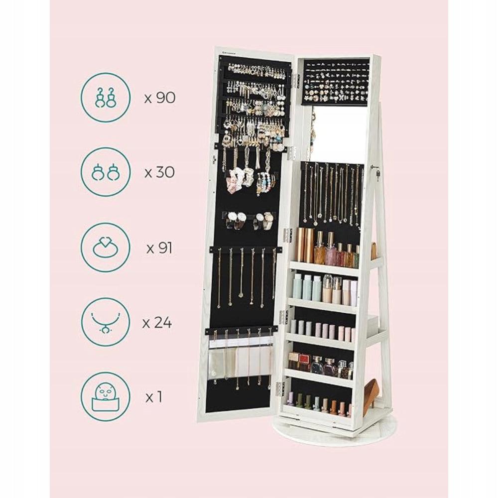 Jewelry cabinet CHEST OF DRAWERS WITH MIRROR 55x55x161 cm rotating storage WHITE Furniture depth 54 cm