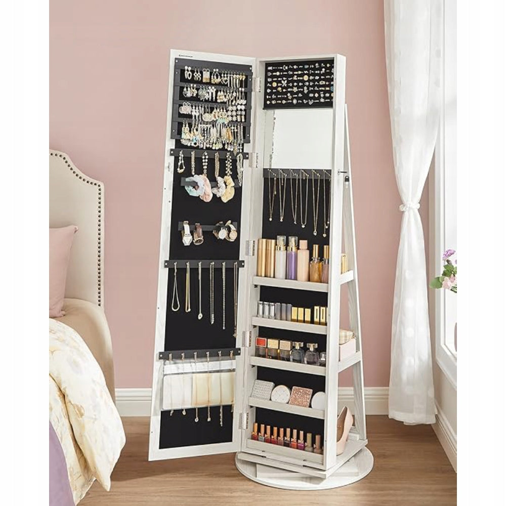 Jewelry cabinet CHEST OF DRAWERS WITH MIRROR 55x55x161 cm rotating storage WHITE Furniture height 160 cm