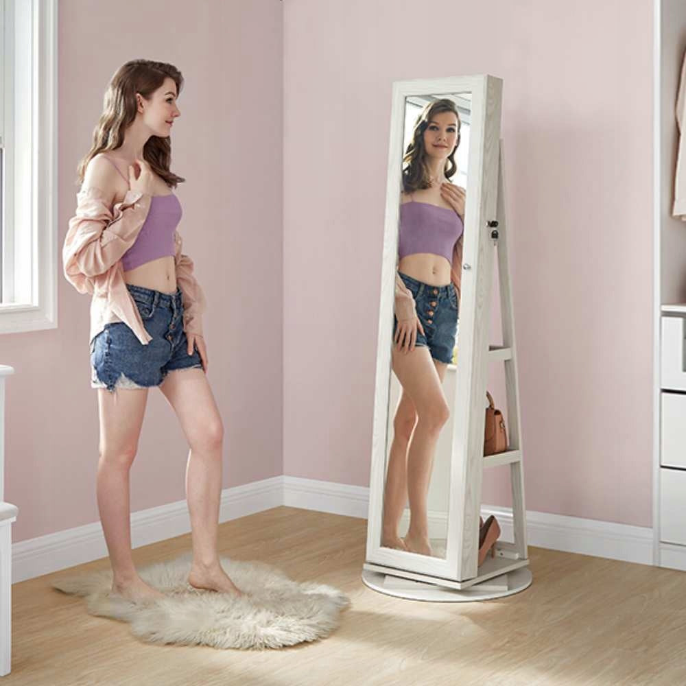 Jewelry cabinet CHEST OF DRAWERS WITH MIRROR 55x55x161 cm rotating storage WHITE Furniture width 54 cm