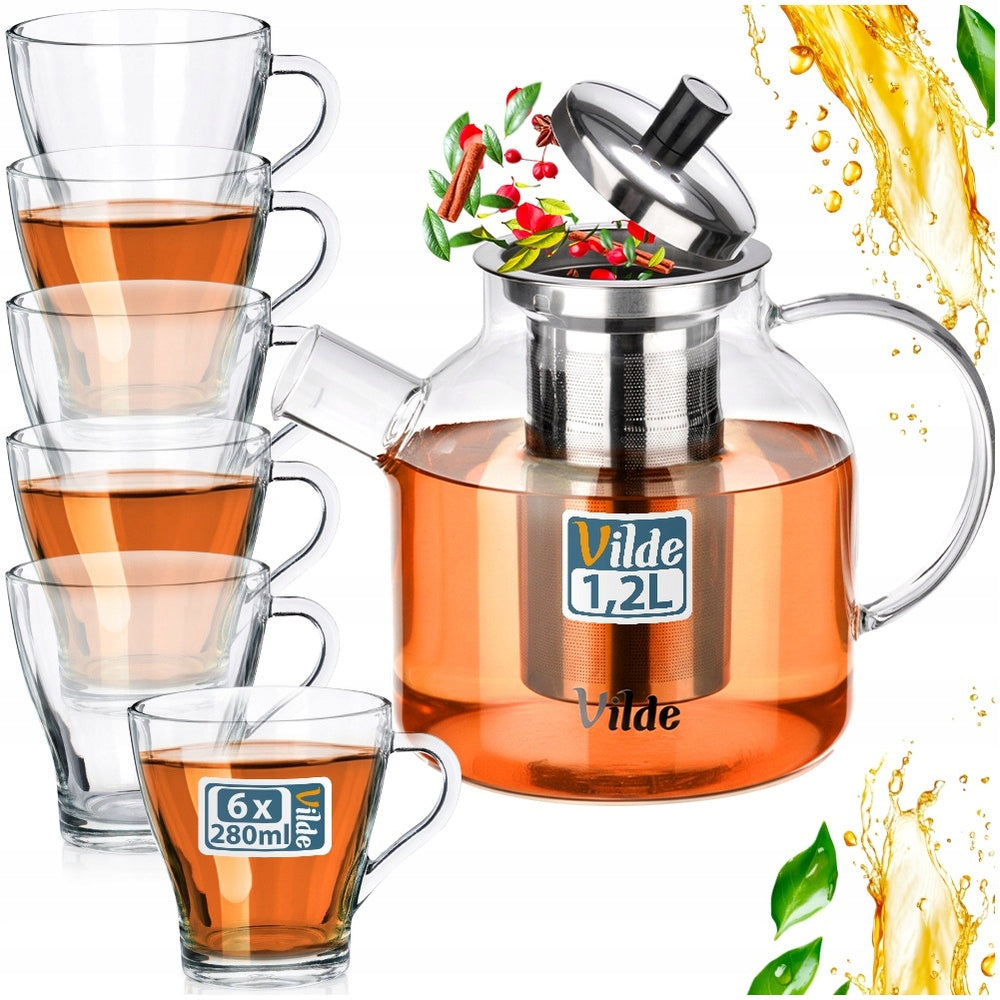 Jug INFUSER strainer teapot for brewing tea herbs 1,2L + glasses