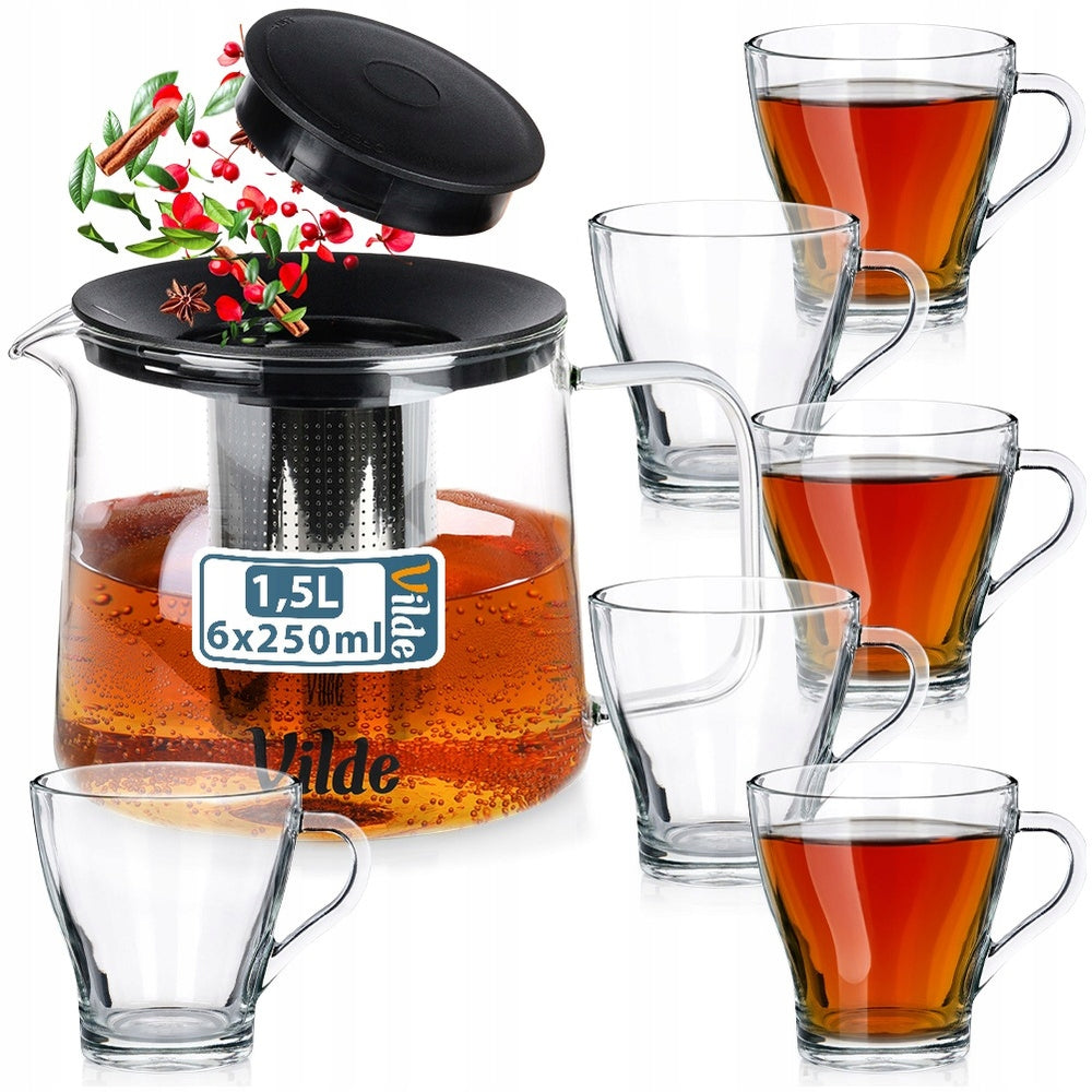 Jug INFUSER strainer teapot for brewing tea herbs 1,5L + glasses