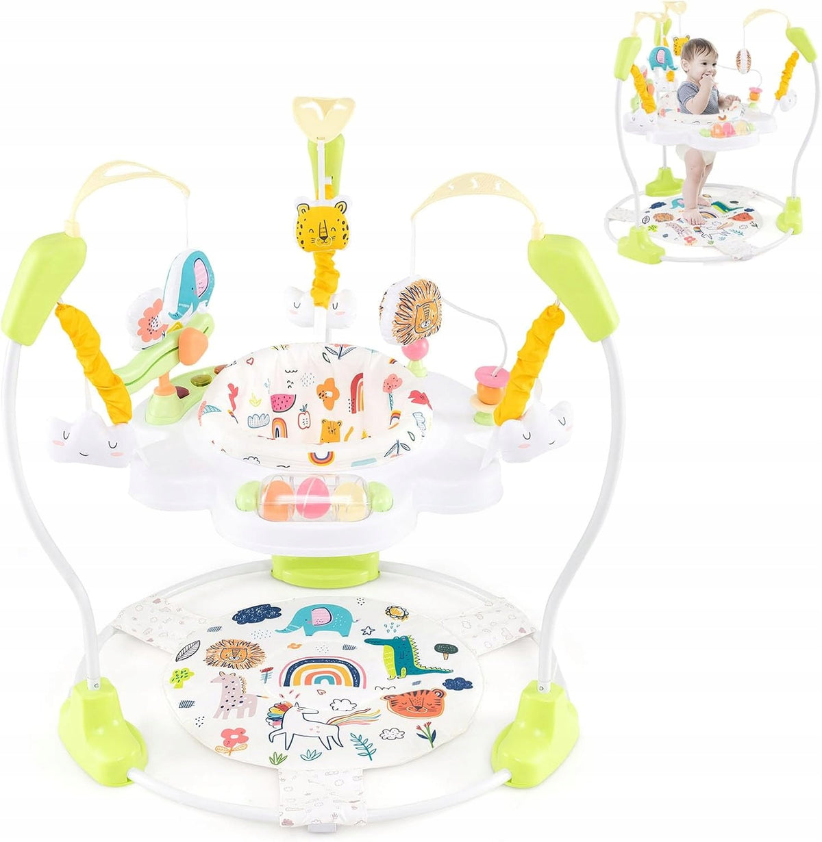 Jumper with height adjustable toys and 360° swivel seat