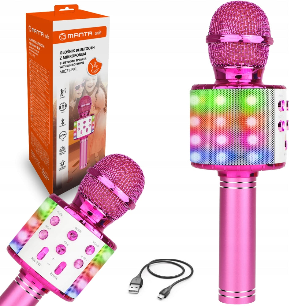 KARAOKE MICROPHONE SPEAKER TOY BLUETOOTH LED PINK MANTA ECHO LIGHT