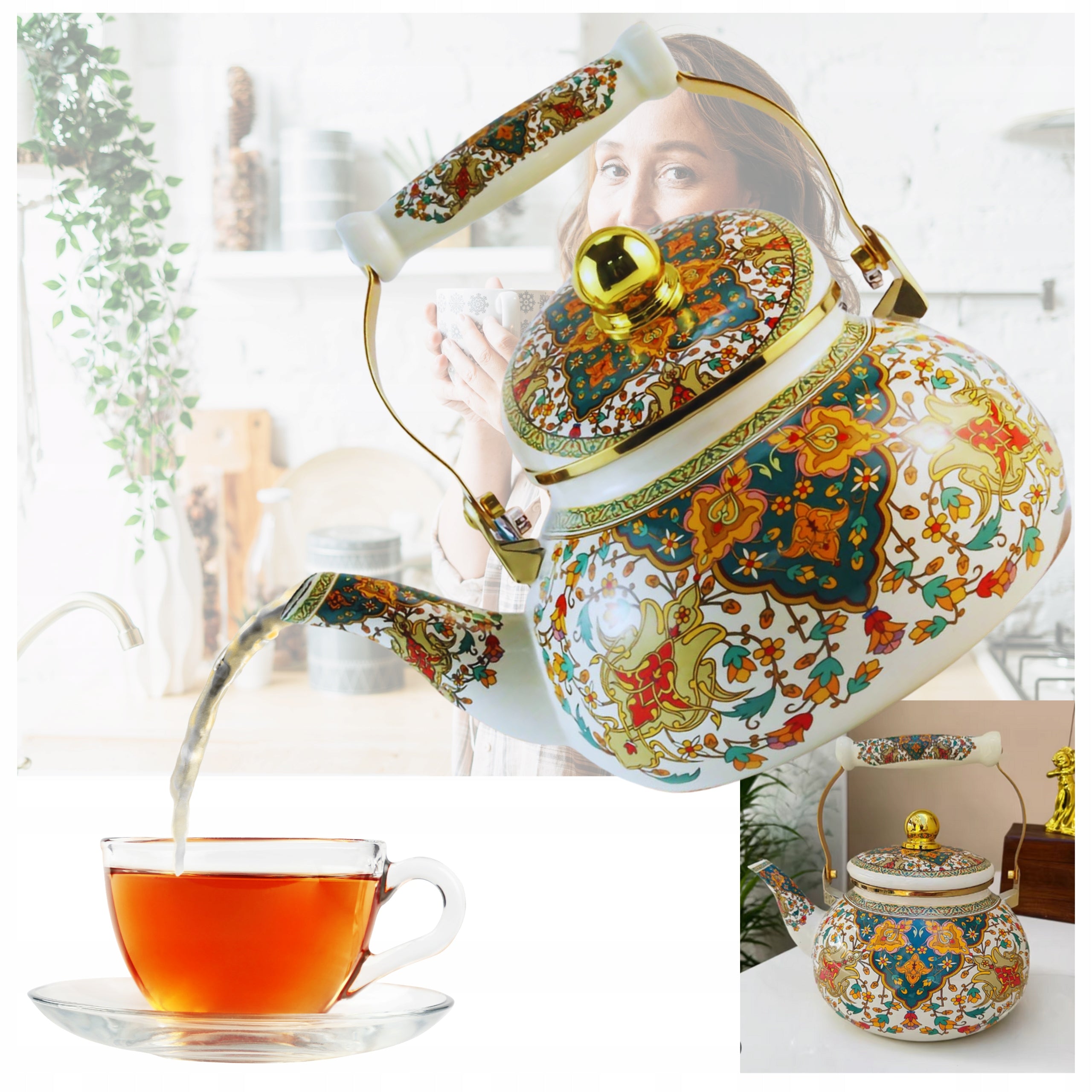 KETTLE STEEL ENAMELLED TEAPOT TURKISH ORIENTAL INDUCTION GAS 2,5L