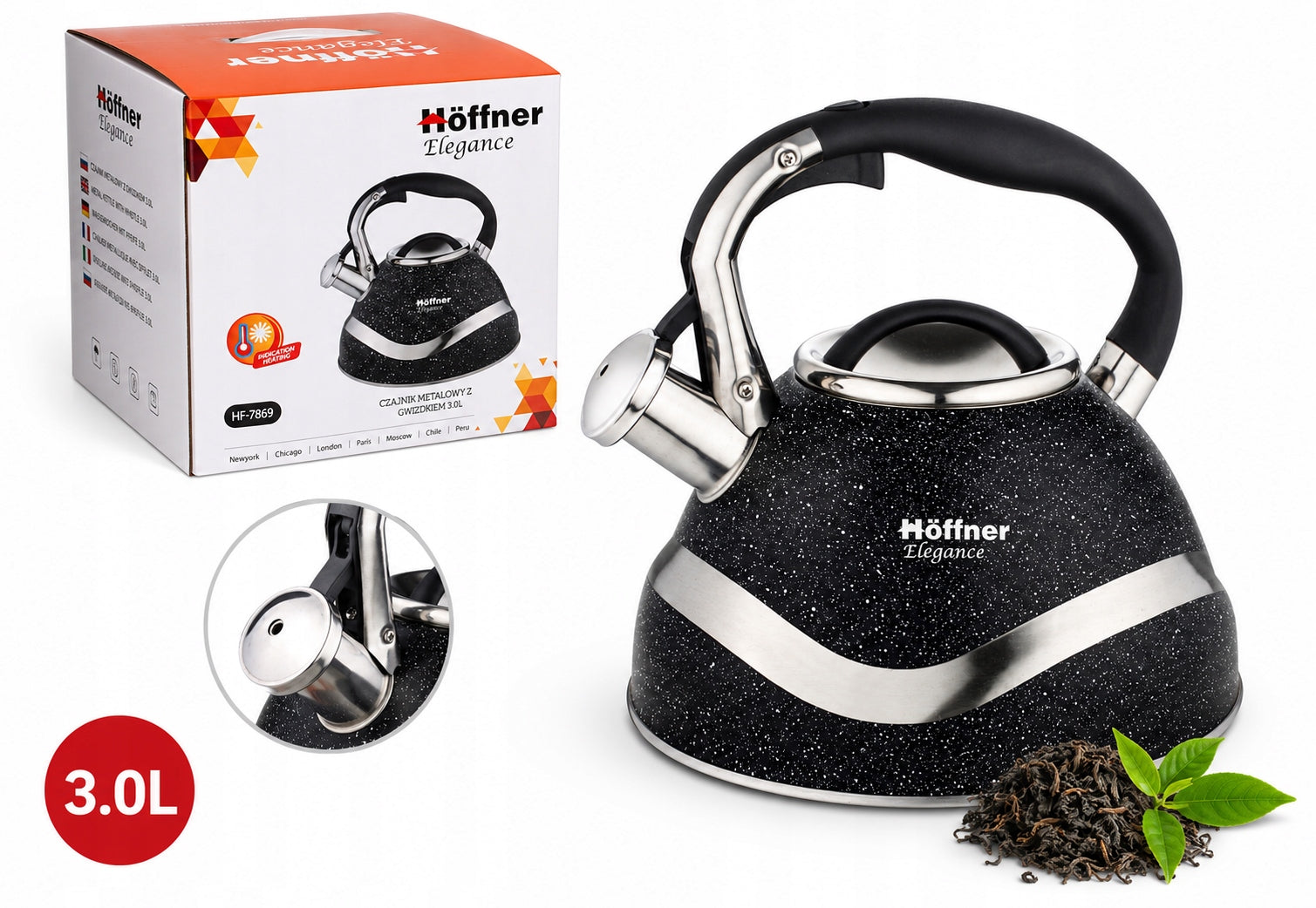 KETTLE WITH WHISTLE TRADITIONAL INDUCTION GAS STAINLESS STEEL BLACK LARGE 3 L