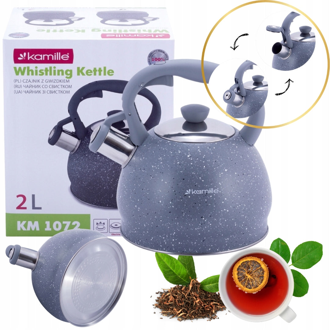 KETTLE WITH WHISTLE grey marbled comfortable 2,0 L GAS INDUCTION KAMILLE