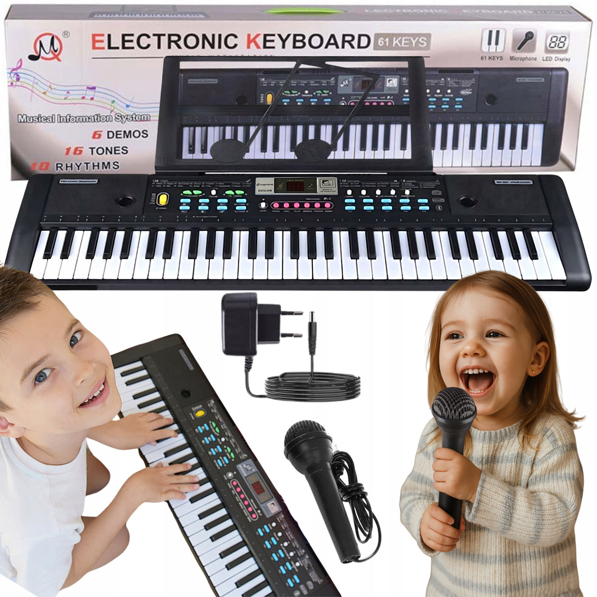 KEYBOARD ORGAN PIANO FOR LEARNING + MICROPHONE FOR CHILDREN POWER SUPPLY 61 KEYS