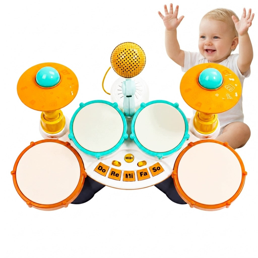 KIDS DRUMS ELECTRONIC 4 DRUMS 2 PLATES MICROPHONE LED EFFECTS