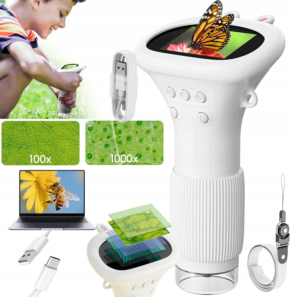 KIDS POCKET DIGITAL MICROSCOPE 1000X 2 INCH IPS SCREEN