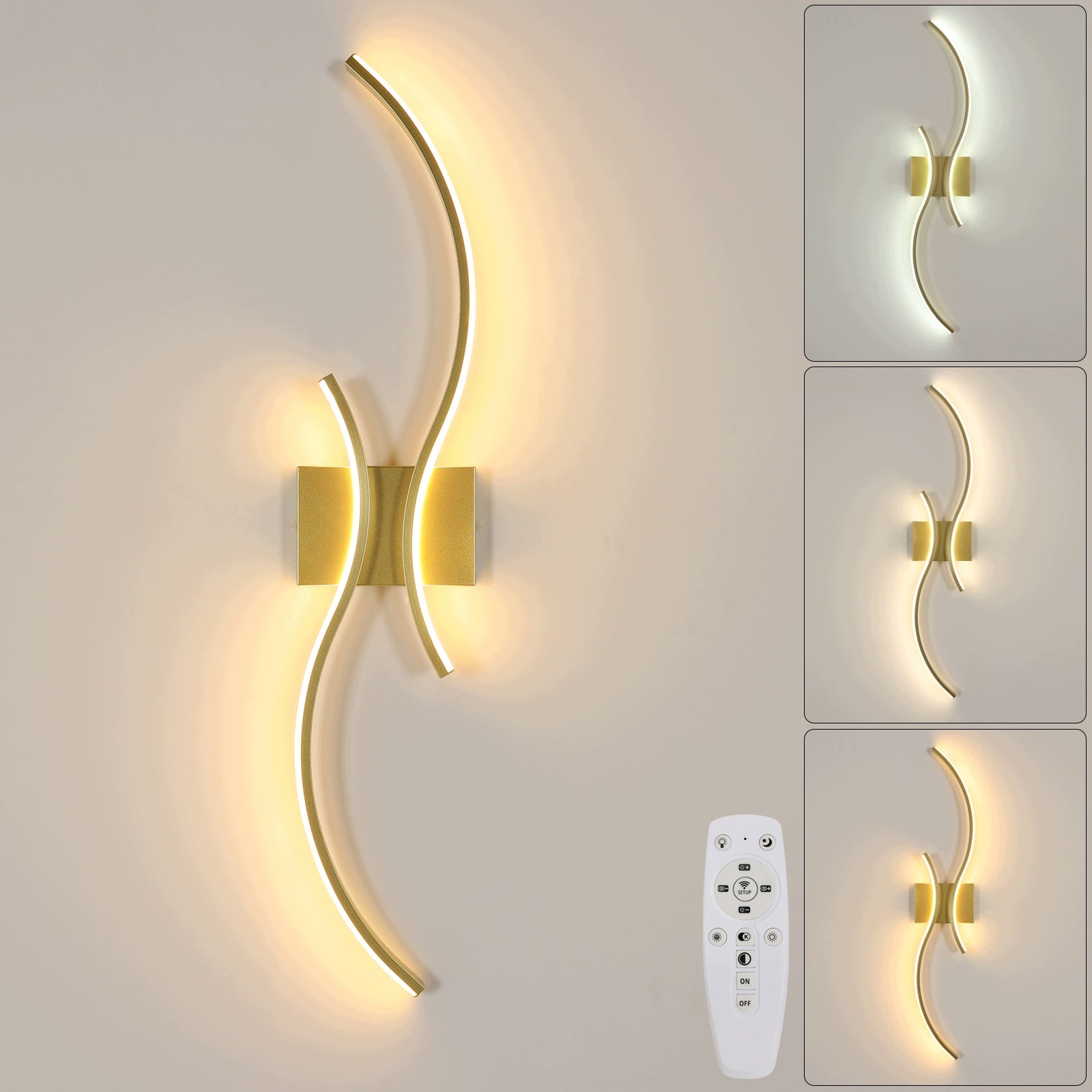 KINKIET LED LAMPA SCIENNA ZŁOTA NOWOCZESNA DO SALONU ŚCIEMNIALNA+PILOT 32W